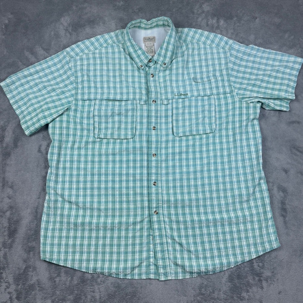 LL Bean Mens XXL Green Plaid Short Sleeve Fishing Shirt Ventilated 255095